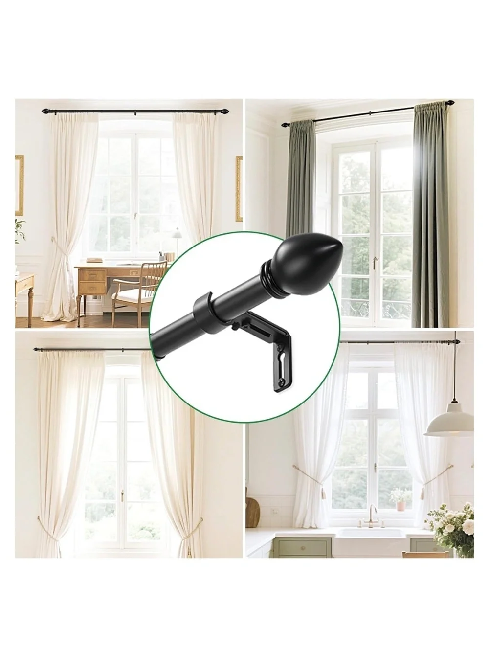 Adjustable Black Curtain Rod Set with Decorative Finials and Mounting Brackets